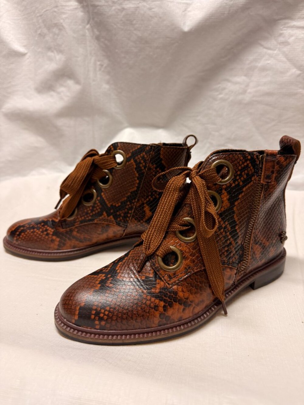 Kelsi Dagger Brooklyn Loverps Snake Print Lace Up Boots Espresso Brown Zip